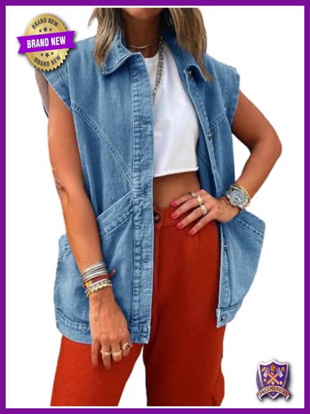 Oversized Denim Vest Sleeveless Button Down Jean Top Casual Western